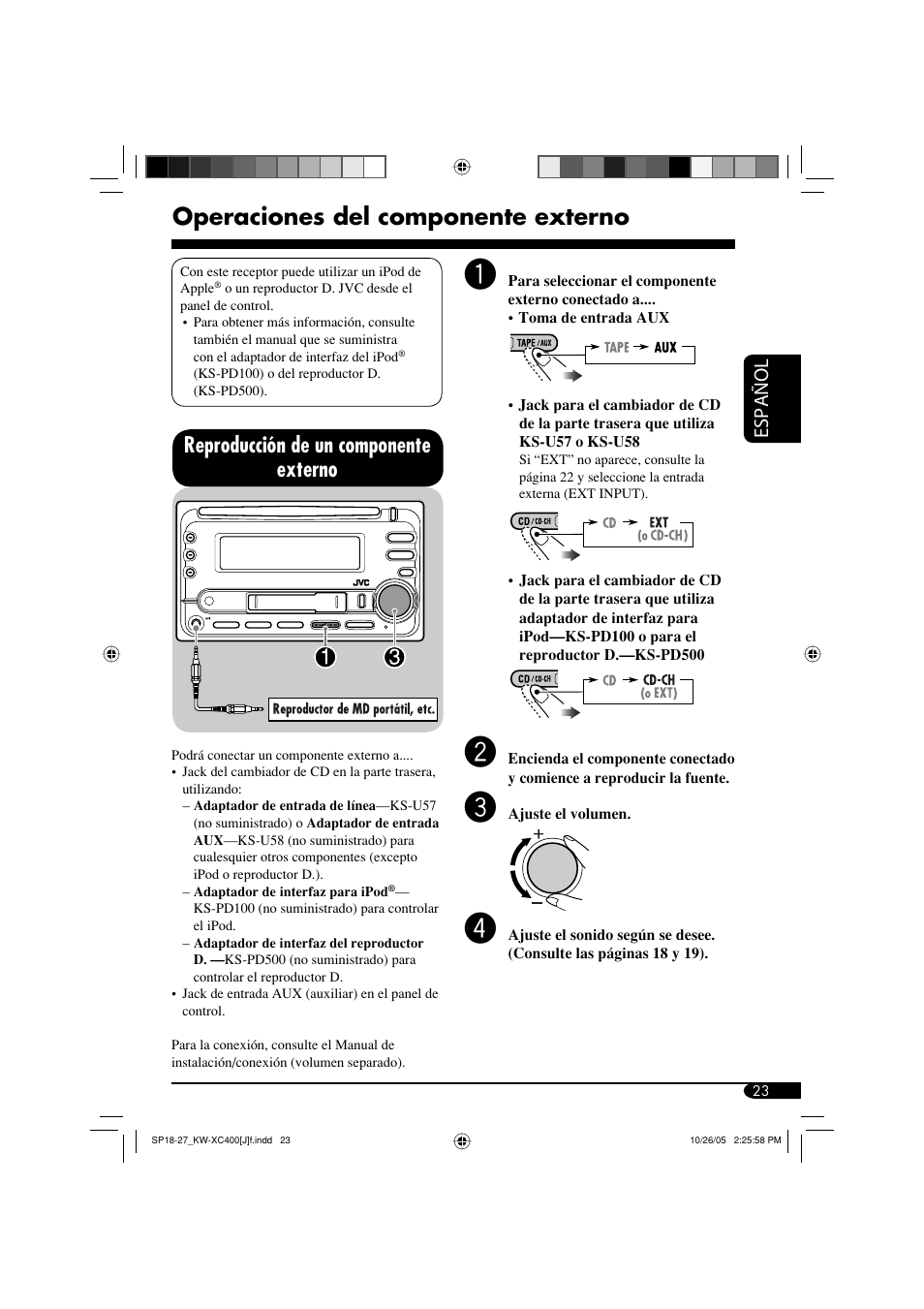 Operaciones del componente externo, Reproducción de un componente externo, Español | JVC Model KW-XC400J User Manual | Page 55 / 98