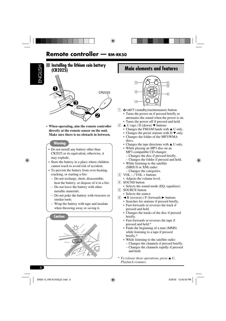 Remote controller, Main elements and features, English | Installing the lithium coin battery (cr2025) | JVC Model KW-XC400J User Manual | Page 6 / 98