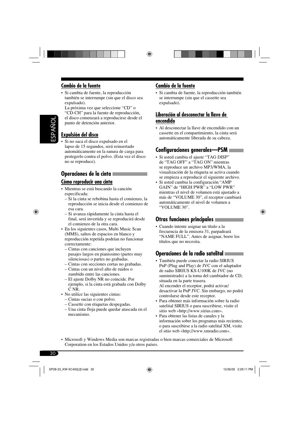 Español, Operaciones de la cinta, Configuraciones generales—psm | Otras funciones principales, Operaciones de la radio satelital | JVC Model KW-XC400J User Manual | Page 62 / 98