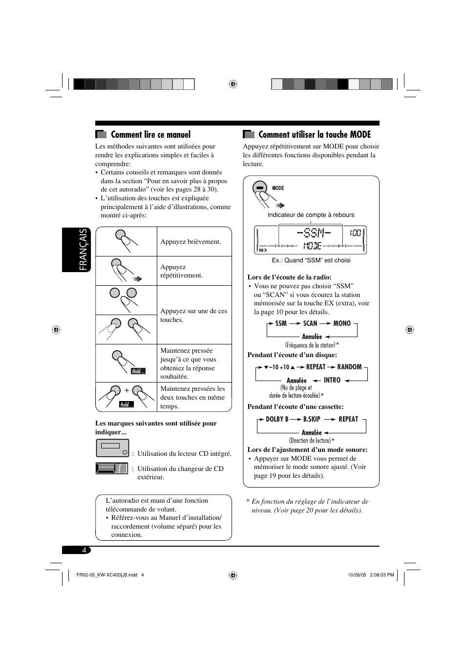 Français, Comment lire ce manuel, Comment utiliser la touche mode | JVC Model KW-XC400J User Manual | Page 68 / 98