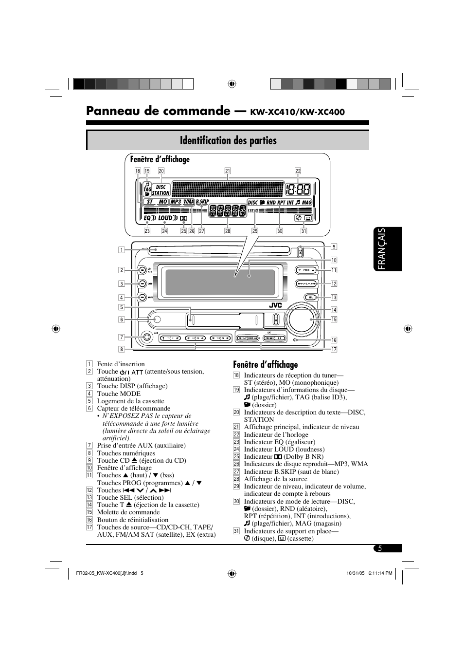 Panneau de commande, Identification des parties, Français | Fenêtre d’affichage | JVC Model KW-XC400J User Manual | Page 69 / 98