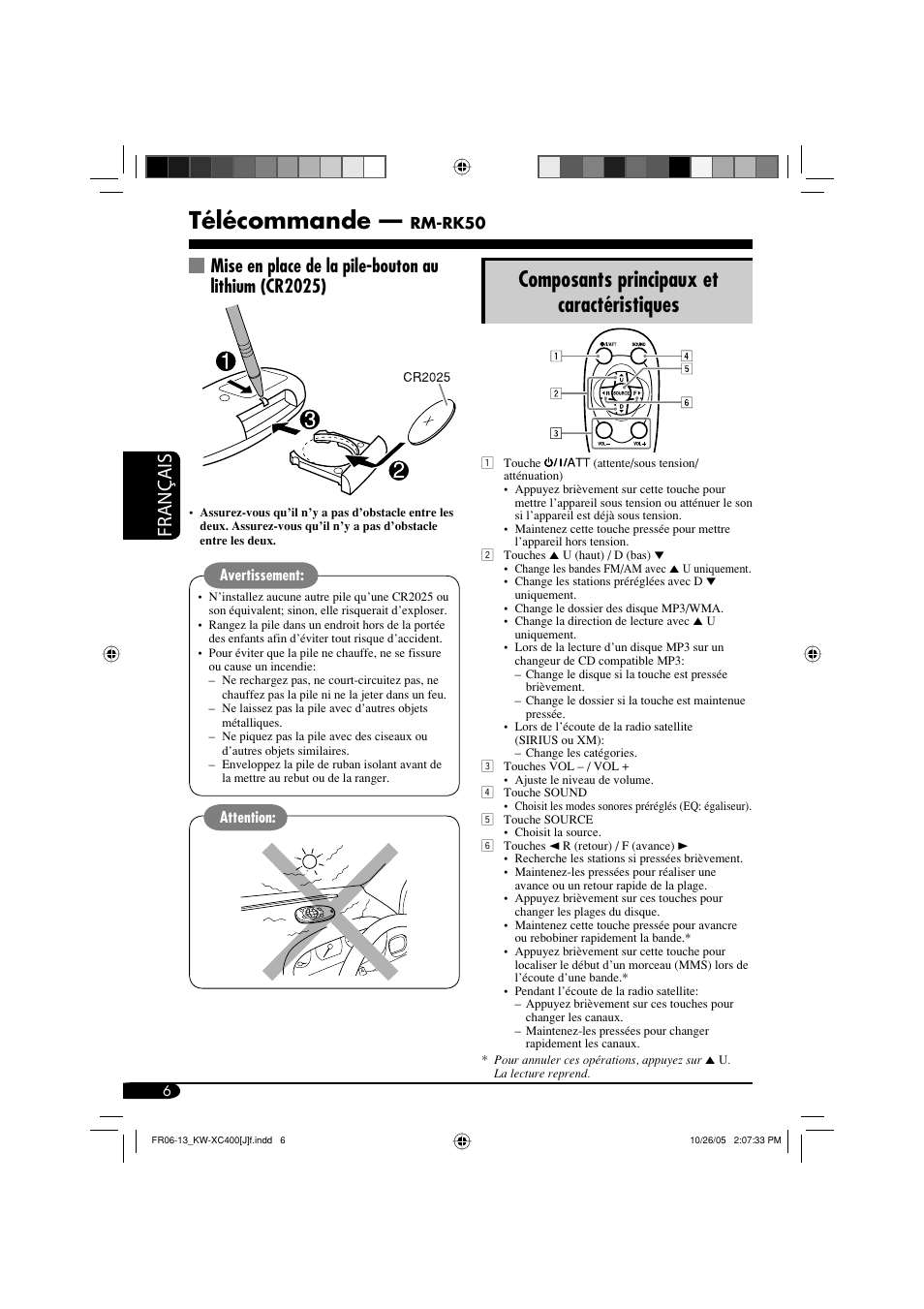 Télécommande, Composants principaux et caractéristiques, Français | Rm-rk50, Avertissement, Attention | JVC Model KW-XC400J User Manual | Page 70 / 98