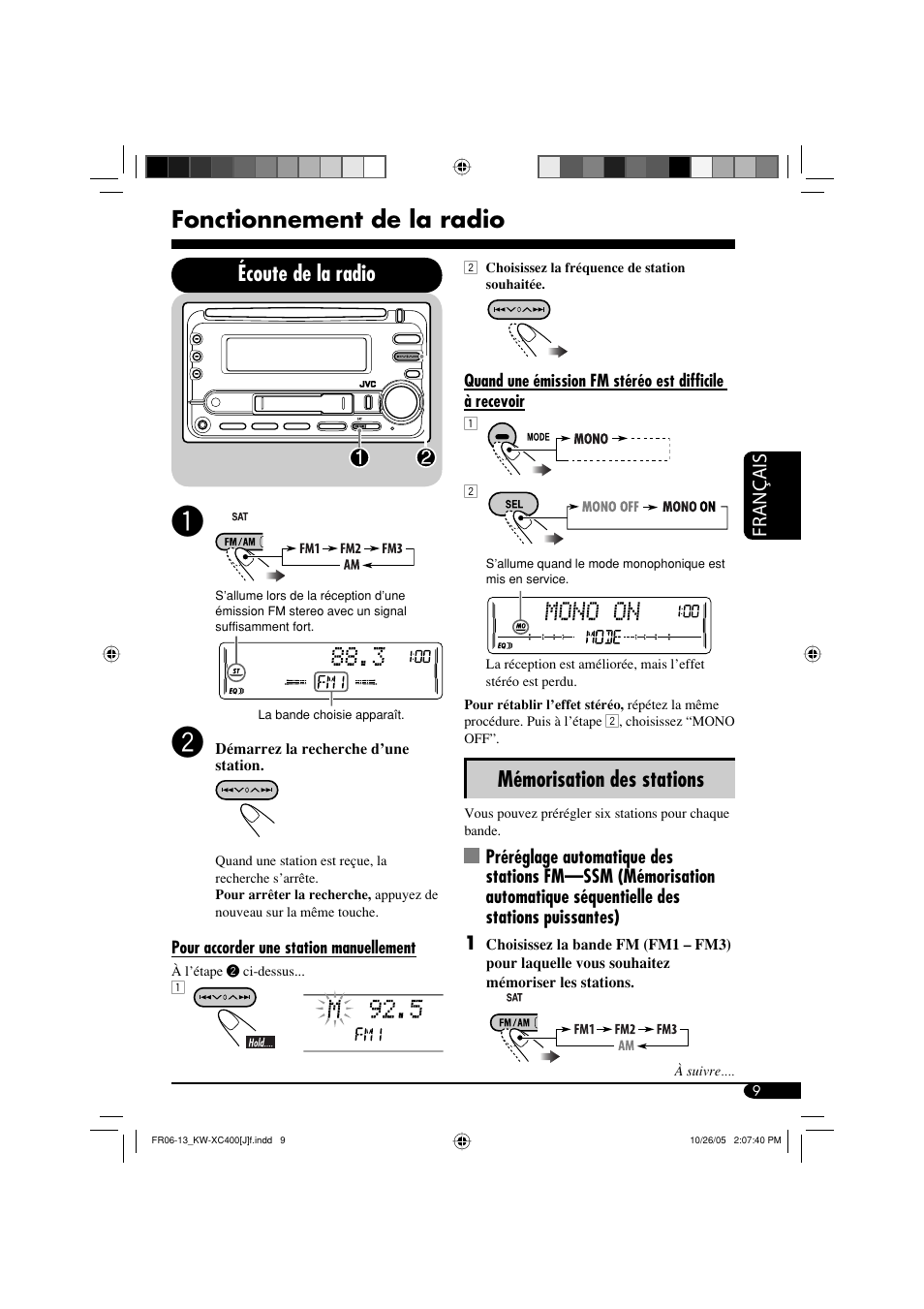 Fonctionnement de la radio, Mémorisation des stations, Écoute de la radio | Français | JVC Model KW-XC400J User Manual | Page 73 / 98