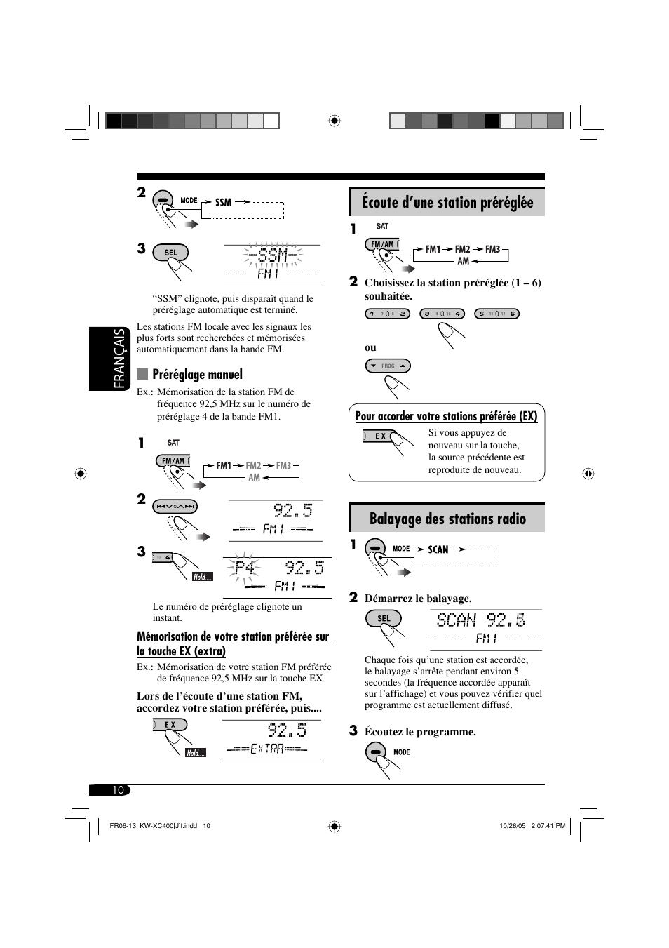 Écoute d’une station préréglée, Balayage des stations radio, Français | JVC Model KW-XC400J User Manual | Page 74 / 98