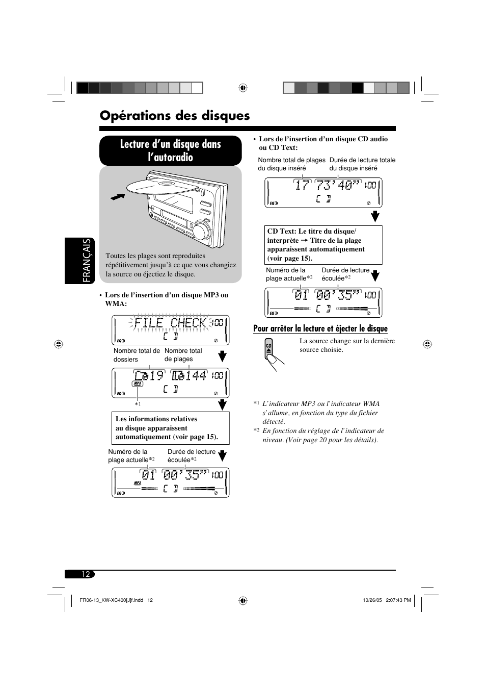 Opérations des disques, Lecture d’un disque dans l’autoradio, Français | Pour arrêter la lecture et éjecter le disque | JVC Model KW-XC400J User Manual | Page 76 / 98