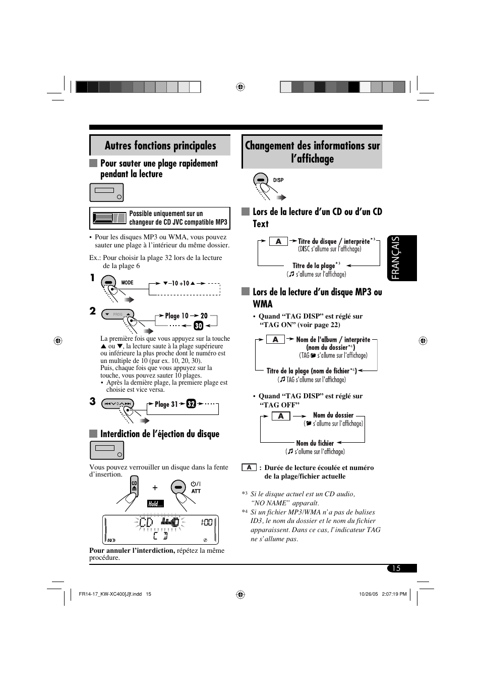 Autres fonctions principales, Changement des informations sur l’affichage, Français | Interdiction de l’éjection du disque | JVC Model KW-XC400J User Manual | Page 79 / 98