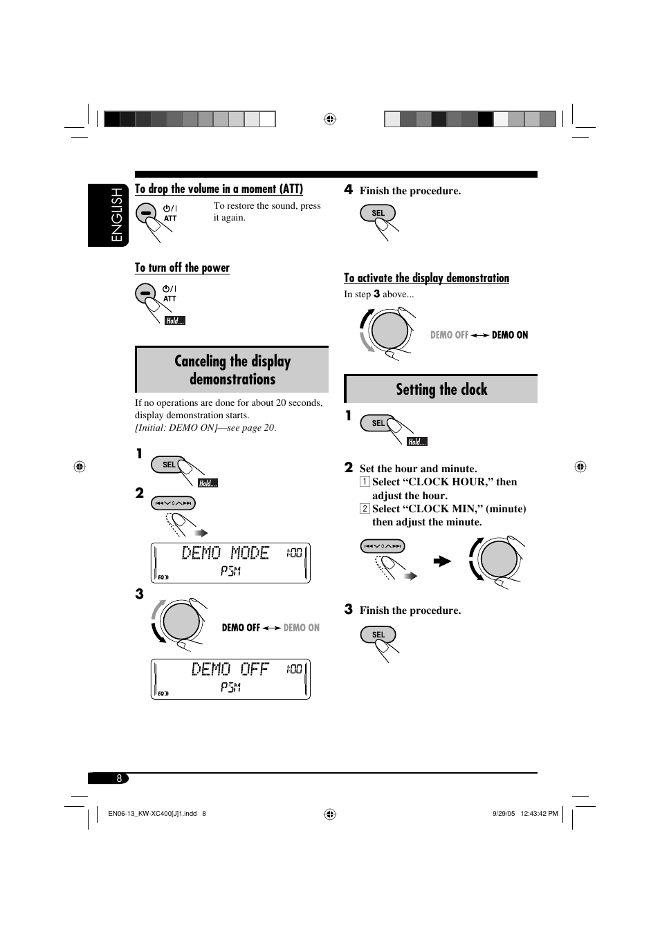 Canceling the display demonstrations, Setting the clock | JVC Model KW-XC400J User Manual | Page 8 / 98