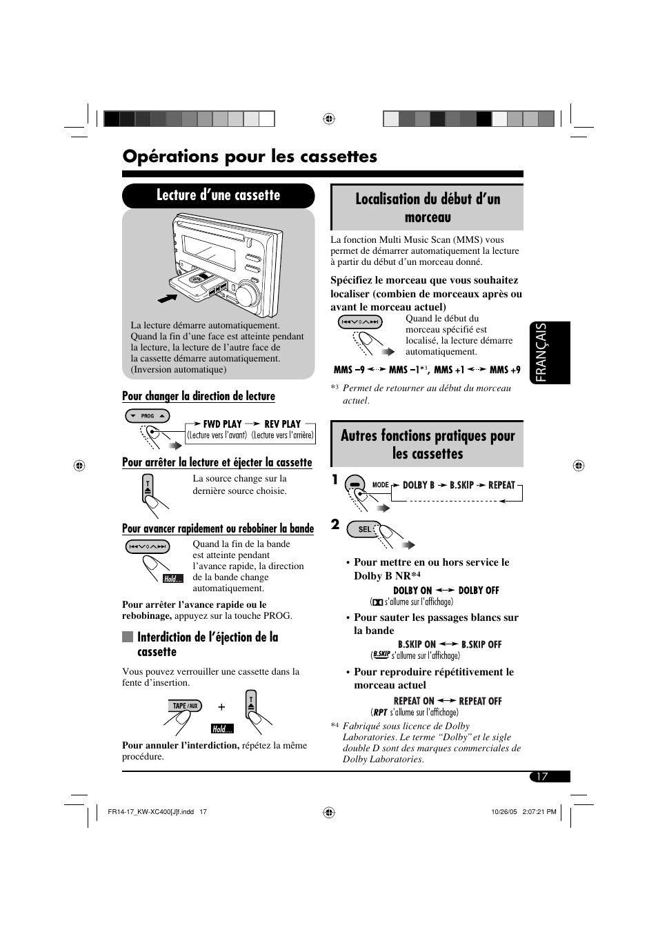 Opérations pour les cassettes, Autres fonctions pratiques pour les cassettes, Français | Interdiction de l’éjection de la cassette | JVC Model KW-XC400J User Manual | Page 81 / 98