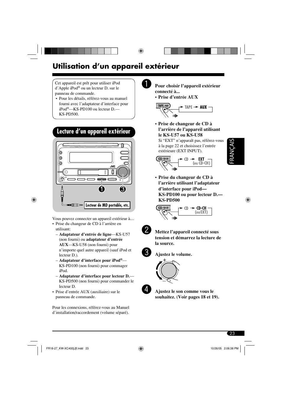 Utilisation d’un appareil extérieur, Lecture d’un appareil extérieur, Français | JVC Model KW-XC400J User Manual | Page 87 / 98