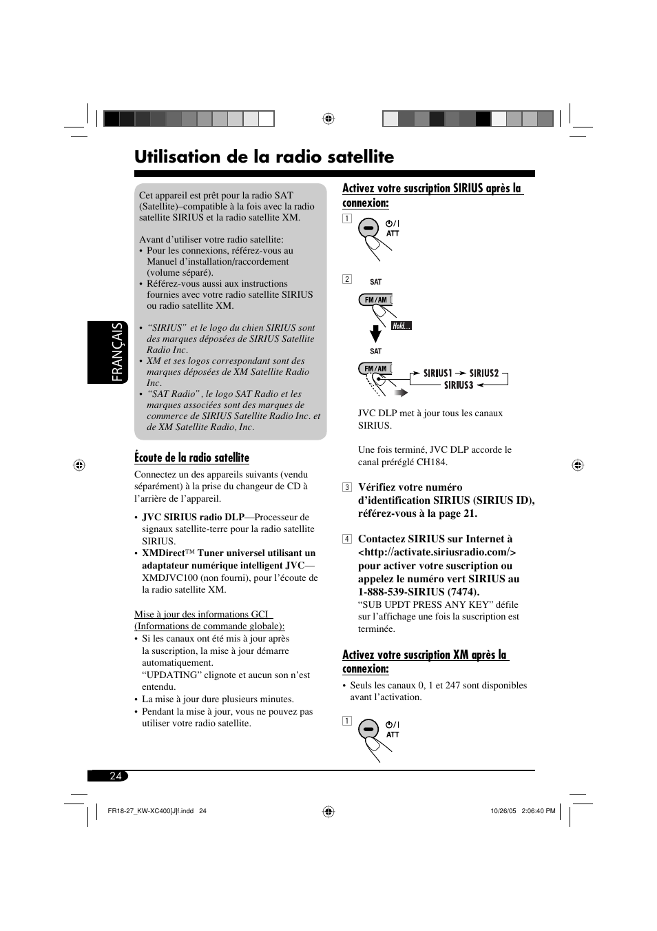 Utilisation de la radio satellite, Français | JVC Model KW-XC400J User Manual | Page 88 / 98