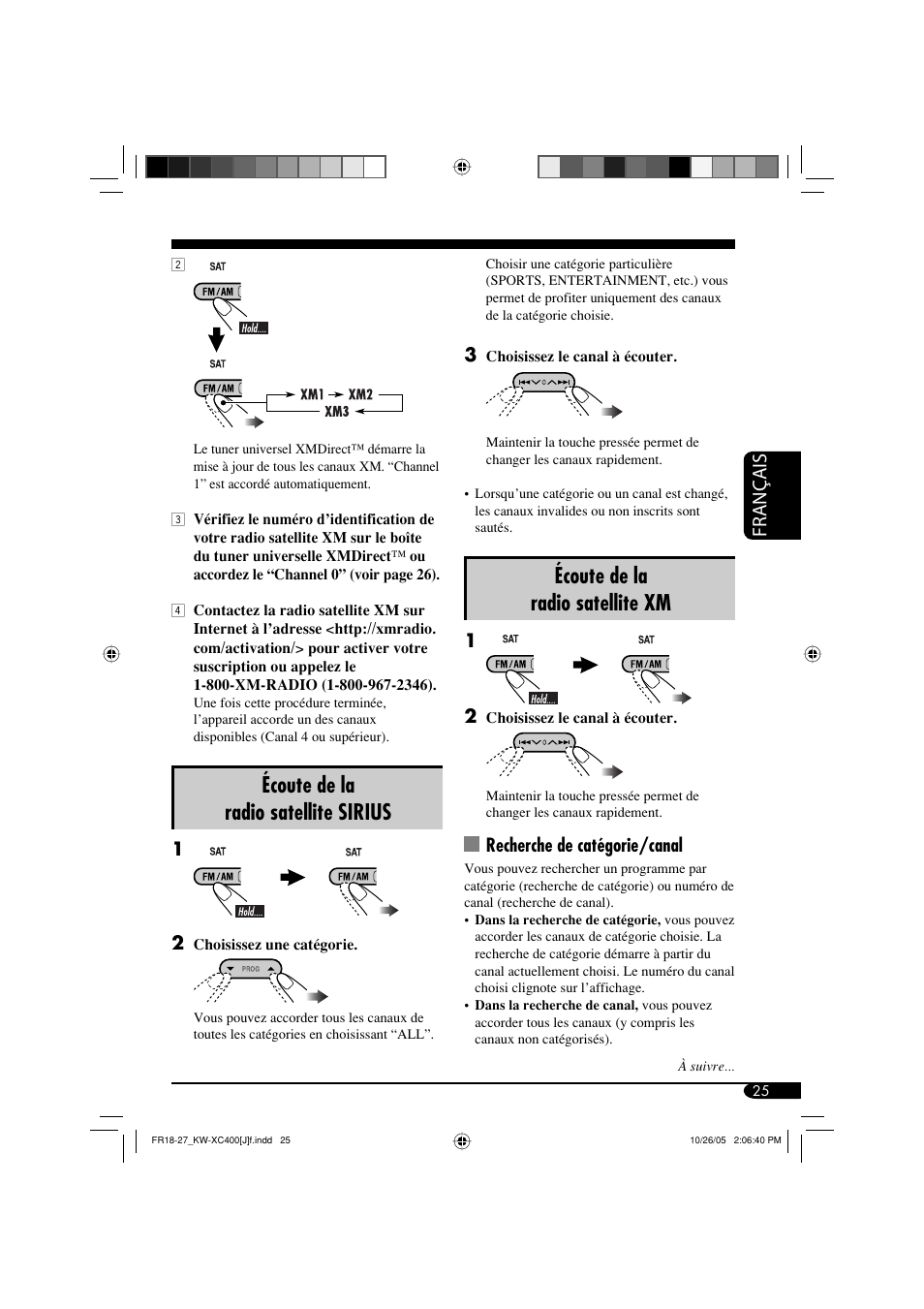 Écoute de la radio satellite xm, Écoute de la radio satellite sirius, Français | Recherche de catégorie/canal | JVC Model KW-XC400J User Manual | Page 89 / 98