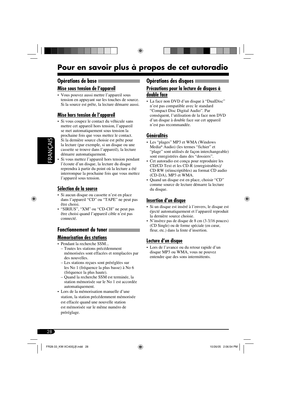 Pour en savoir plus à propos de cet autoradio, Français, Opérations de base | Fonctionnement du tuner, Opérations des disques | JVC Model KW-XC400J User Manual | Page 92 / 98