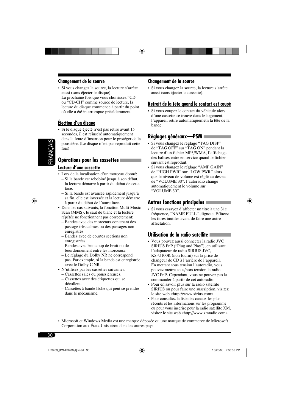 Français, Opérations pour les cassettes, Réglages généraux—psm | Autres fonctions principales, Utilisation de la radio satellite | JVC Model KW-XC400J User Manual | Page 94 / 98