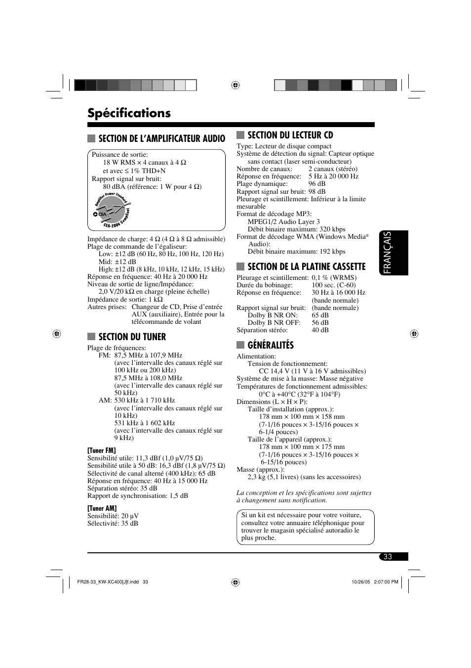 Spécifications, Français, Généralités | JVC Model KW-XC400J User Manual | Page 97 / 98