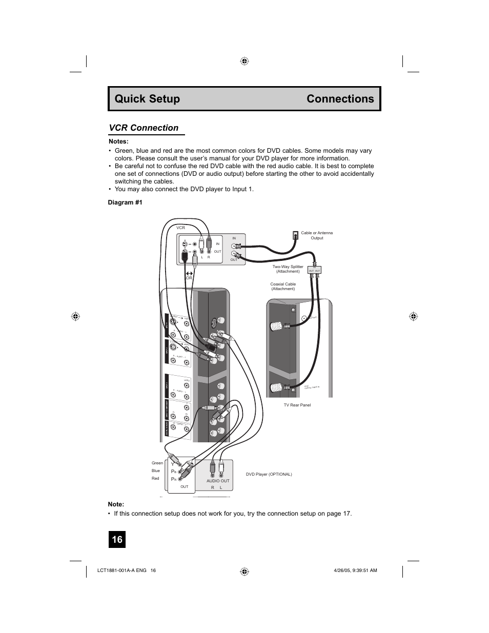 Quick setup connections, Vcr connection | JVC 0405TNH-II-IM User Manual | Page 16 / 88