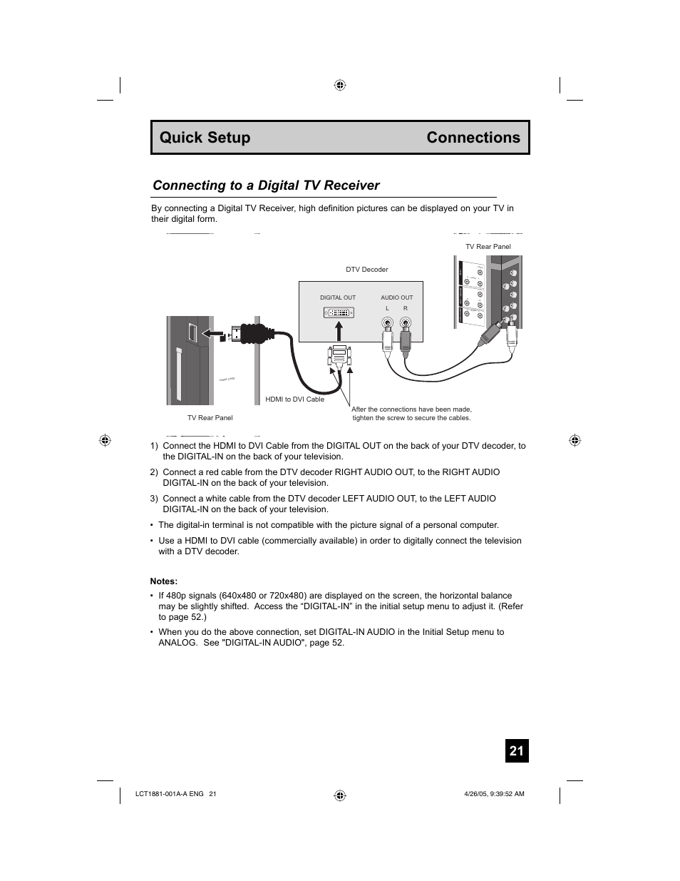 Quick setup connections, Connecting to a digital tv receiver | JVC 0405TNH-II-IM User Manual | Page 21 / 88
