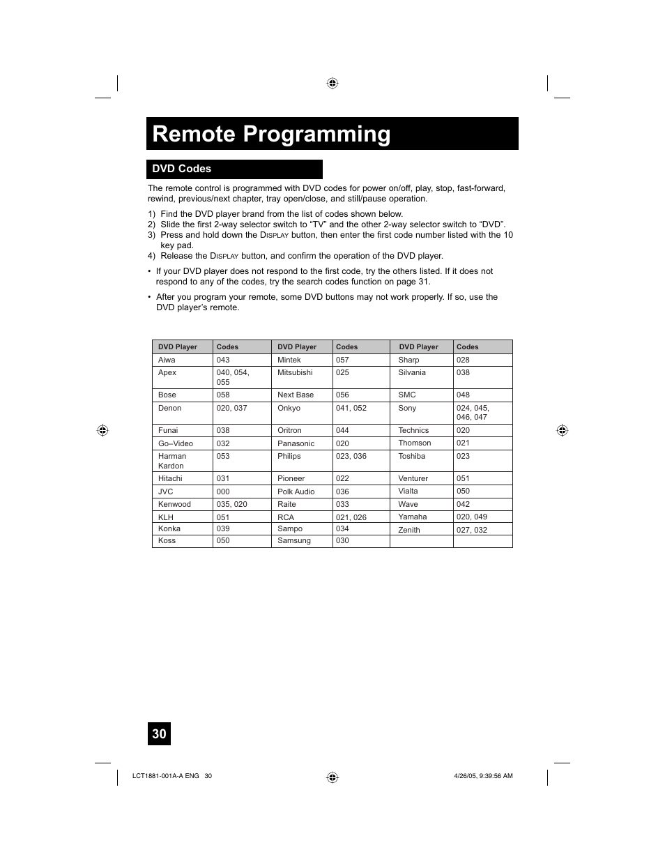 Remote programming, Dvd codes | JVC 0405TNH-II-IM User Manual | Page 30 / 88