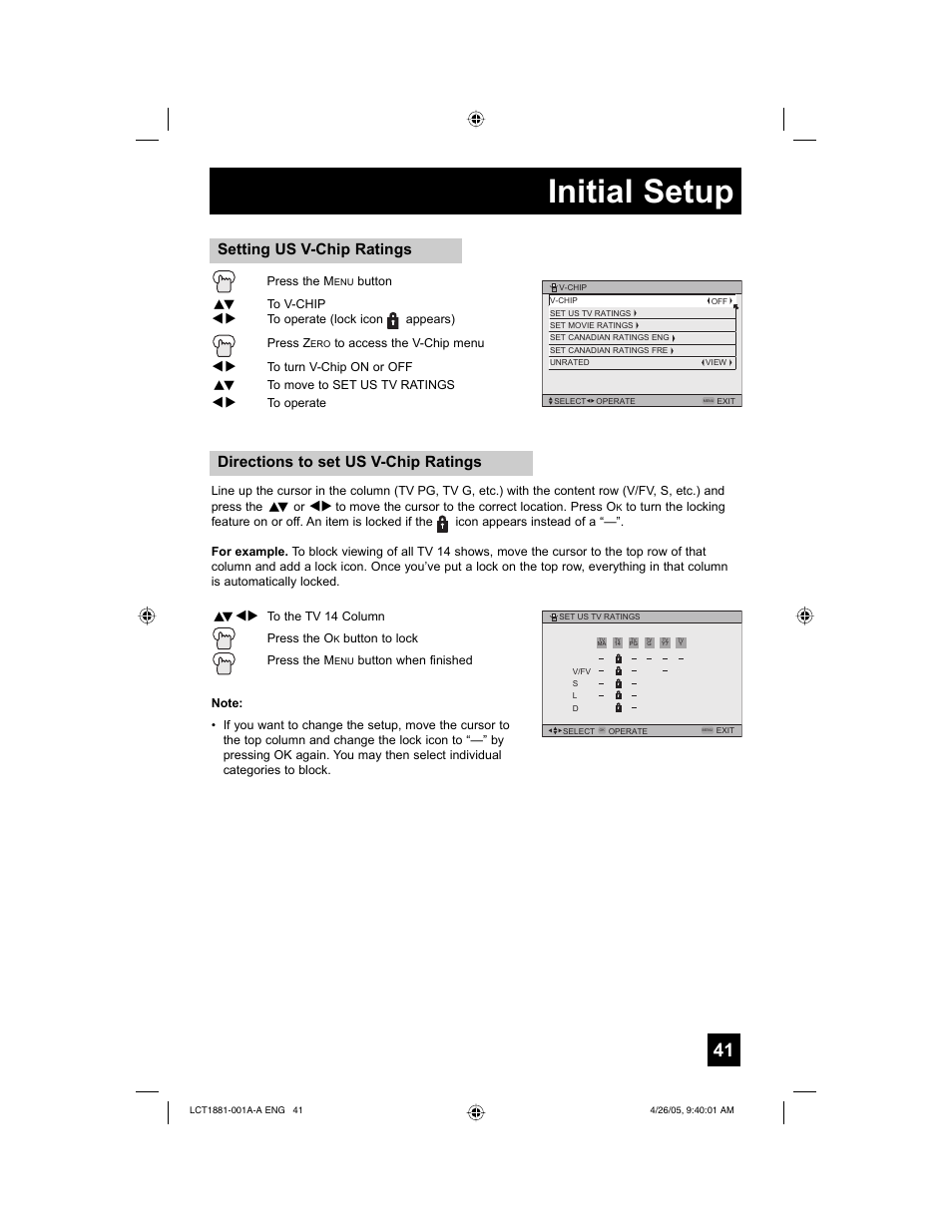Initial setup, Directions to set us v-chip ratings, Setting us v-chip ratings | JVC 0405TNH-II-IM User Manual | Page 41 / 88