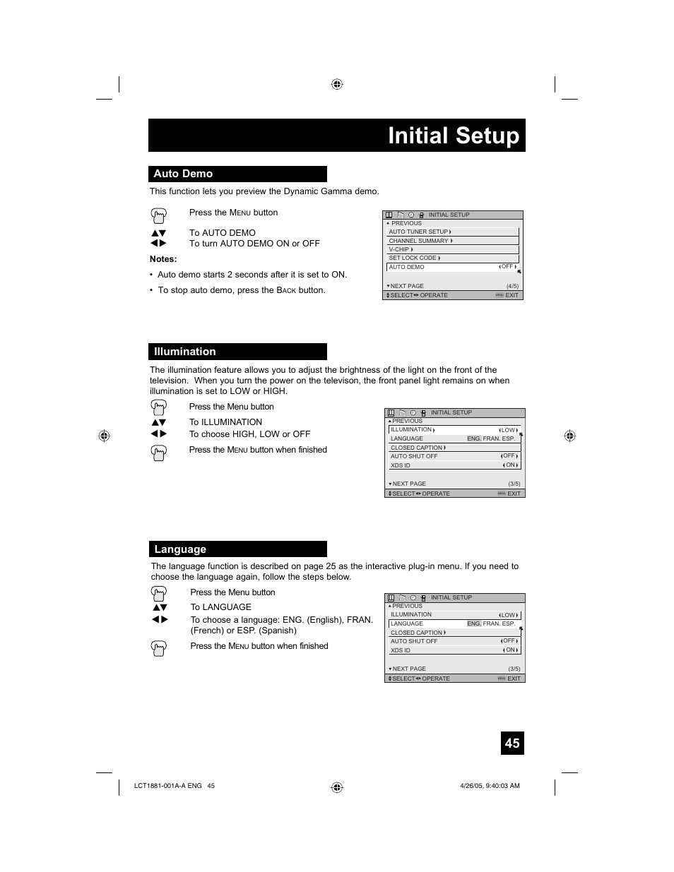 Initial setup, Auto demo, Illumination | Language | JVC 0405TNH-II-IM User Manual | Page 45 / 88