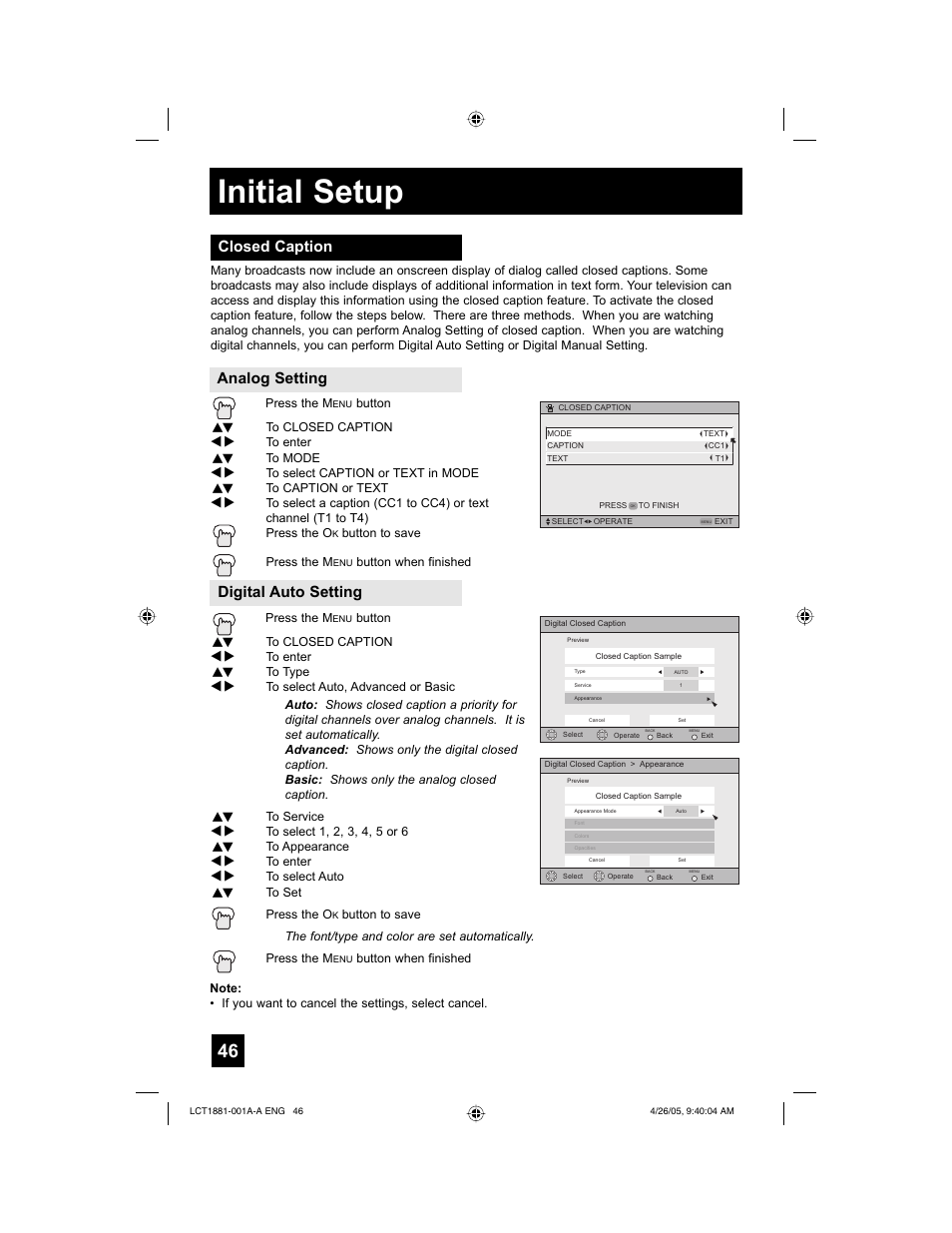 Initial setup, Closed caption analog setting digital auto setting | JVC 0405TNH-II-IM User Manual | Page 46 / 88