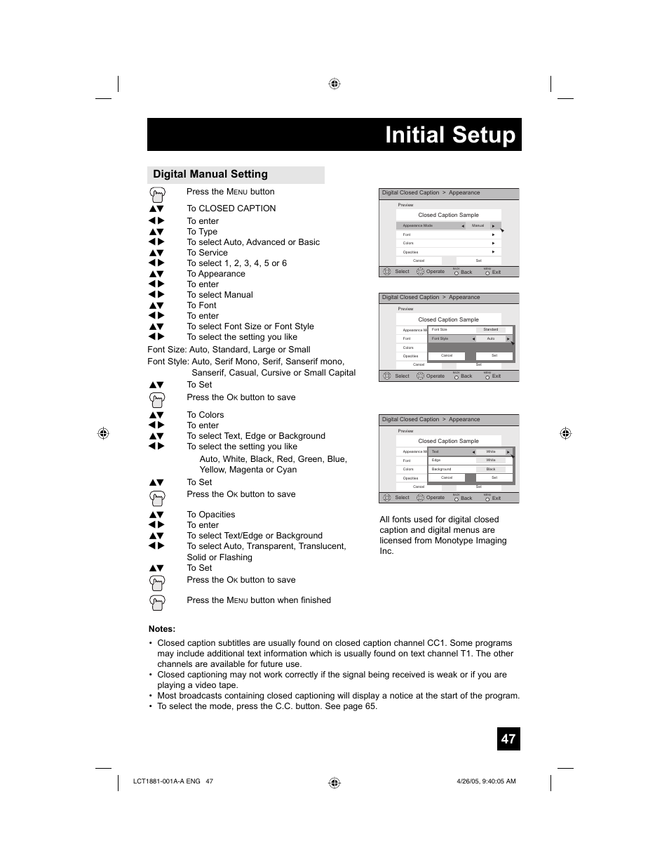 Initial setup, Digital manual setting | JVC 0405TNH-II-IM User Manual | Page 47 / 88