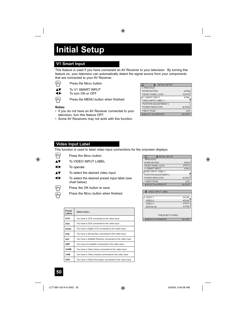 Initial setup, V1 smart input, Video input label | JVC 0405TNH-II-IM User Manual | Page 50 / 88