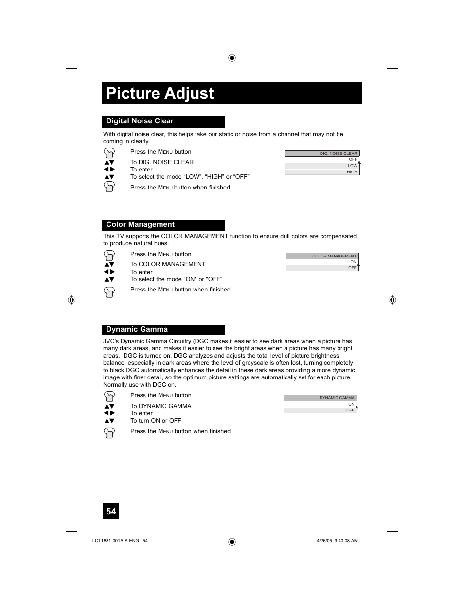 Picture adjust | JVC 0405TNH-II-IM User Manual | Page 54 / 88
