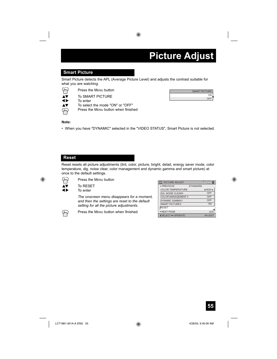 Picture adjust, Reset, Smart picture | JVC 0405TNH-II-IM User Manual | Page 55 / 88