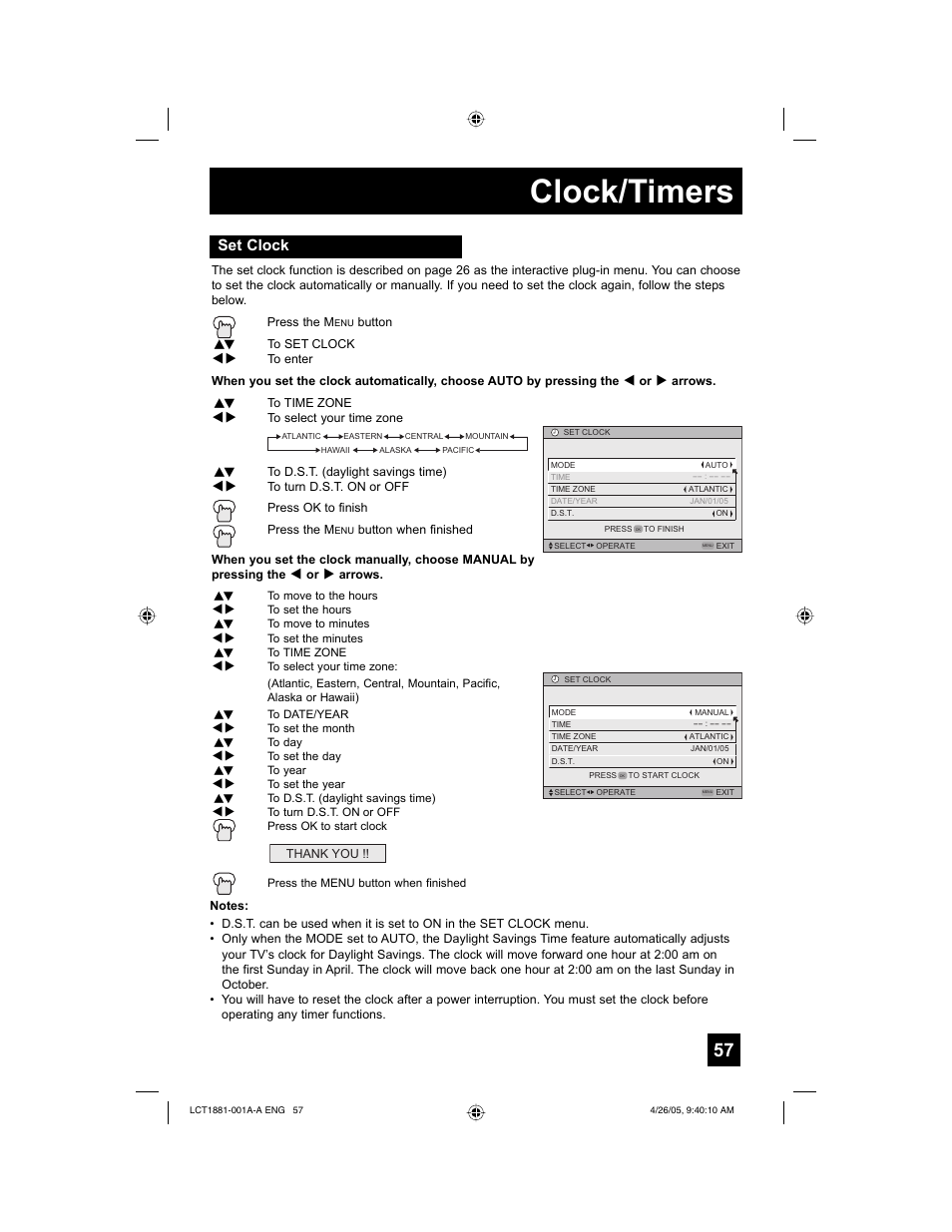 Clock/timers, Set clock | JVC 0405TNH-II-IM User Manual | Page 57 / 88