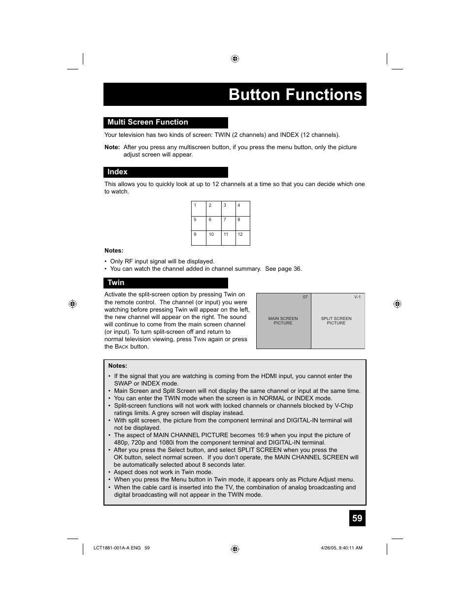 Button functions, Multi screen function, Index | Twin | JVC 0405TNH-II-IM User Manual | Page 59 / 88