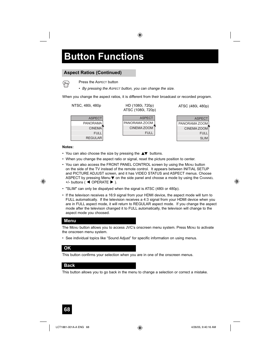 Button functions | JVC 0405TNH-II-IM User Manual | Page 68 / 88