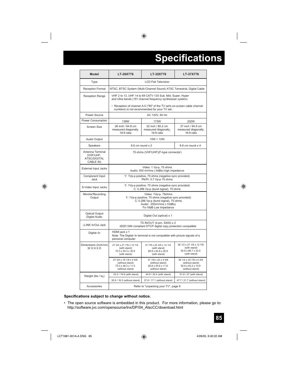 Specifications | JVC 0405TNH-II-IM User Manual | Page 85 / 88
