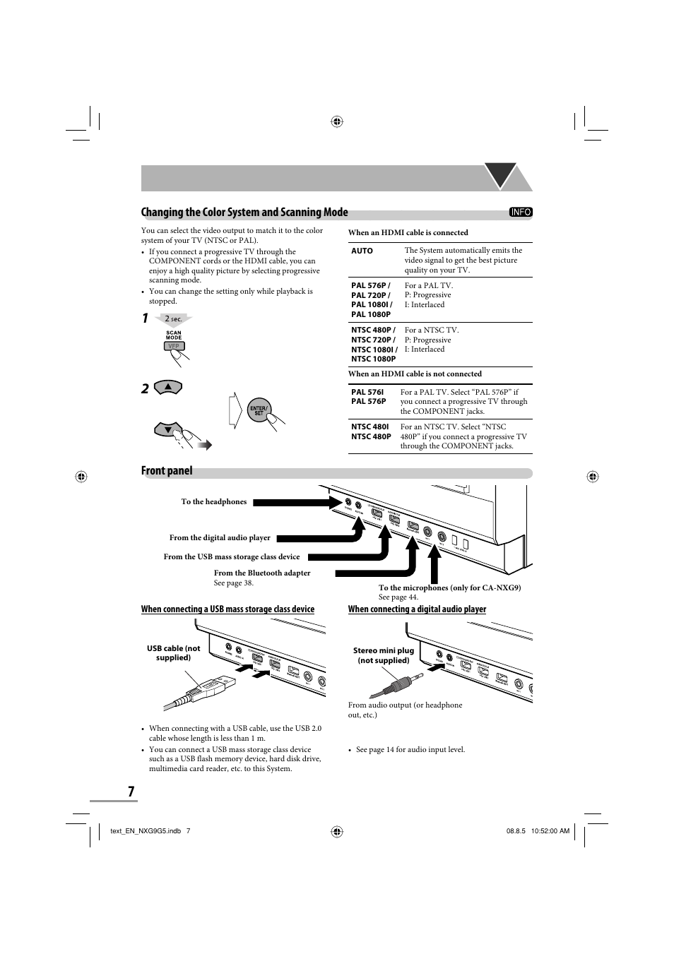 Front panel, Changing the color system and scanning mode | JVC CA-NXG9 User Manual | Page 10 / 132