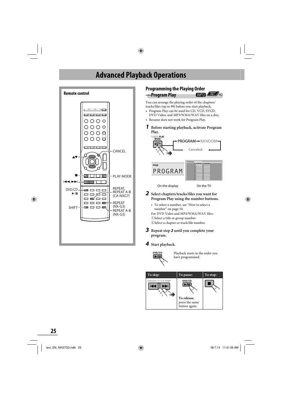 Advanced playback operations, Program, Programming the playing order —program play | Remote control | JVC CA-NXG9 User Manual | Page 100 / 132