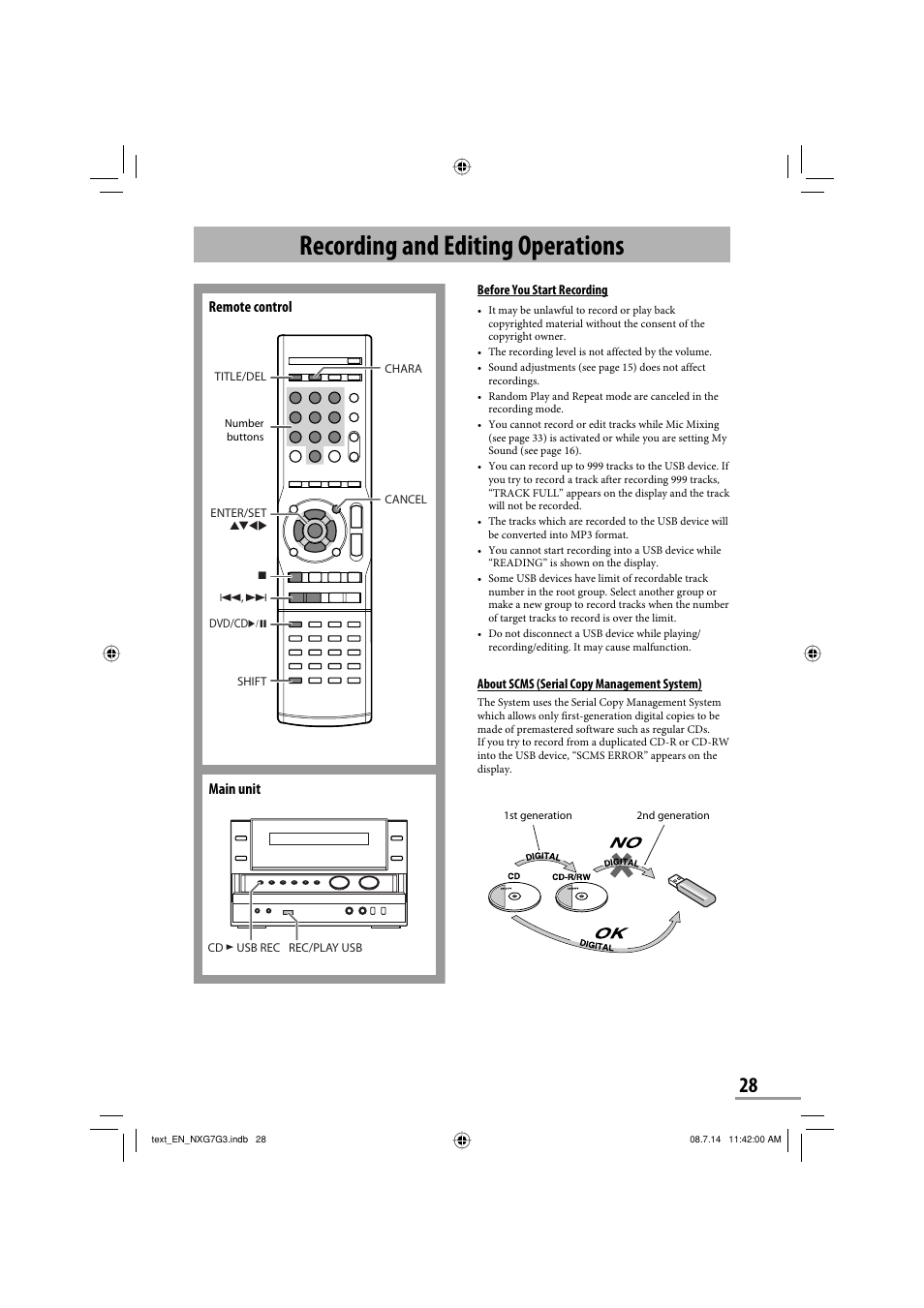 Recording and editing operations, Remote control, Main unit | JVC CA-NXG9 User Manual | Page 103 / 132