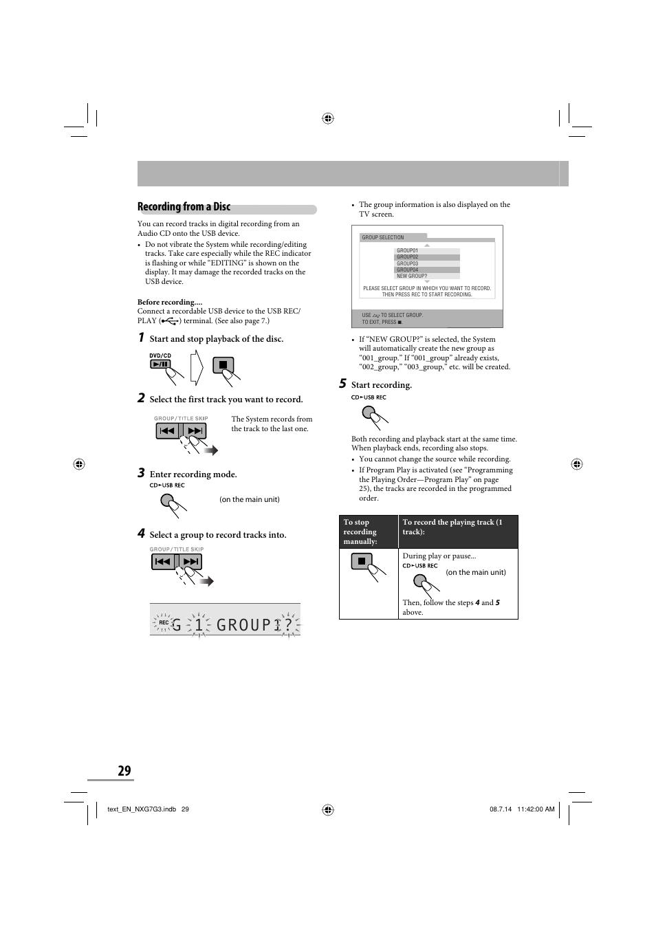 G 1 group1, Recording from a disc | JVC CA-NXG9 User Manual | Page 104 / 132