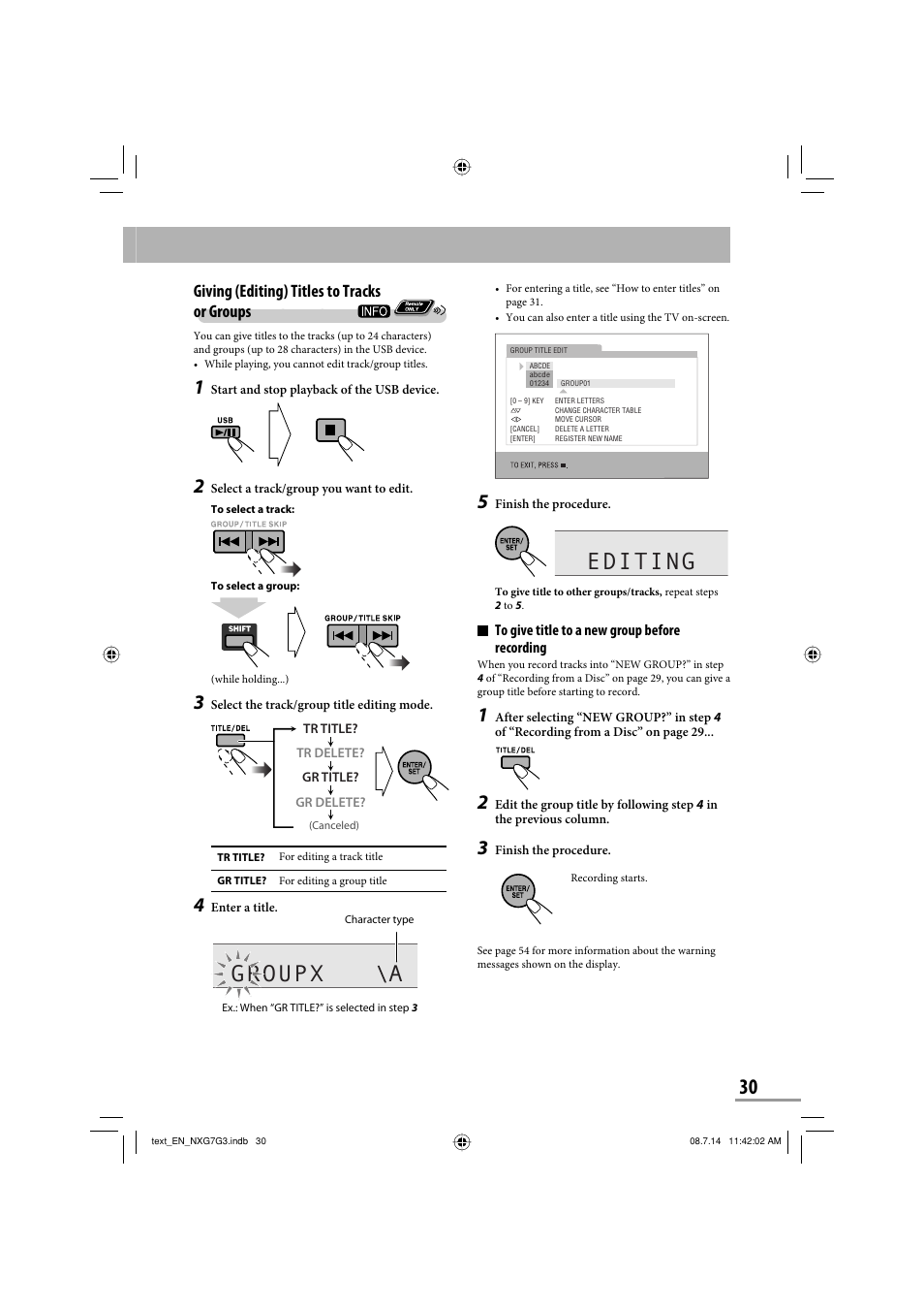 Editing, Groupx a, Giving (editing) titles to tracks or groups | JVC CA-NXG9 User Manual | Page 105 / 132