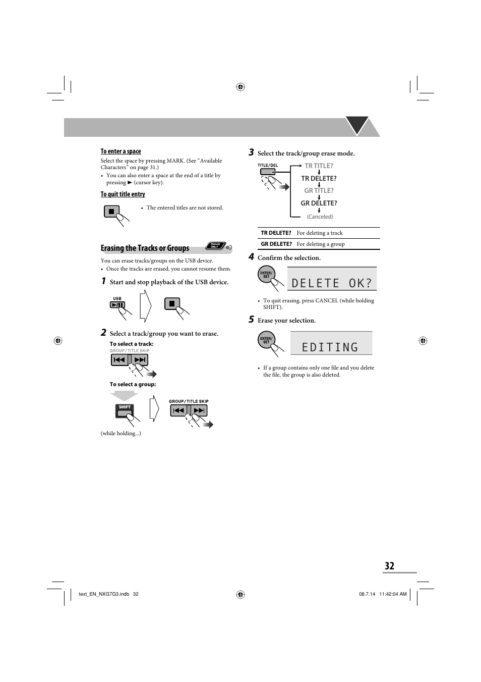 Delete ok, Editing, Erasing the tracks or groups | JVC CA-NXG9 User Manual | Page 107 / 132