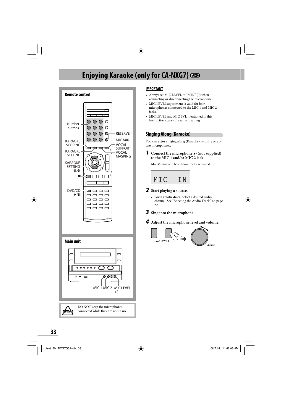 Enjoying karaoke (only for ca-nxg7), Mic in, Singing along (karaoke) | JVC CA-NXG9 User Manual | Page 108 / 132