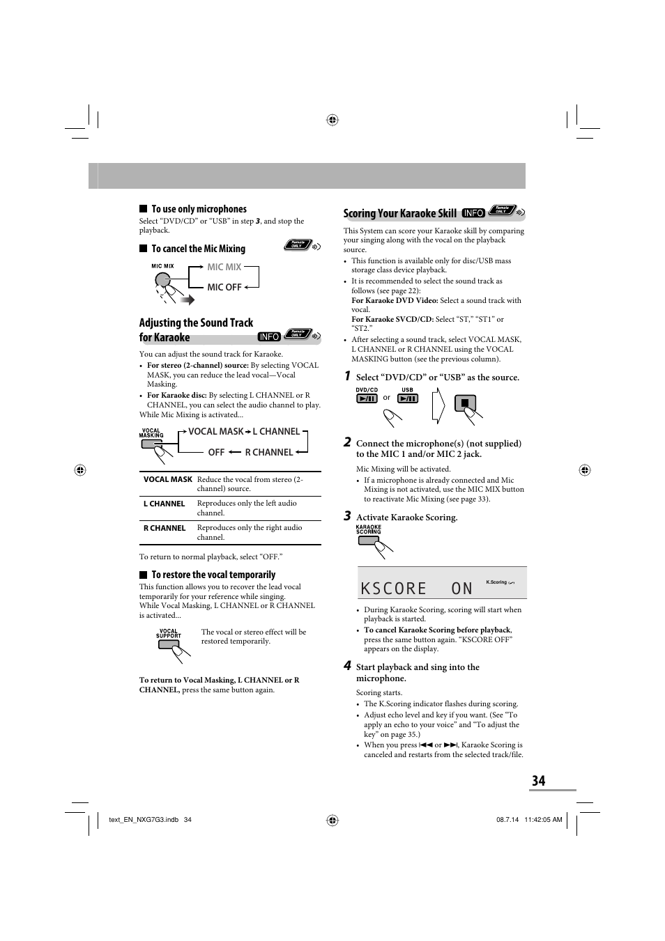 Kscore on, Scoring your karaoke skill, Adjusting the sound track for karaoke | JVC CA-NXG9 User Manual | Page 109 / 132