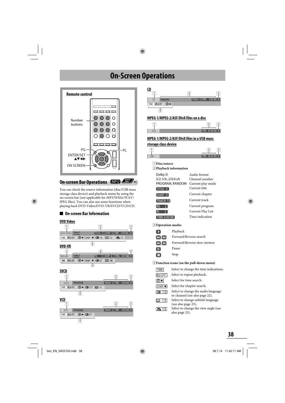 On-screen operations, On-screen bar operations, Remote control | On-screen bar information, Mpeg-1/mpeg-2/asf/divx files on a disc, Dvd video, Dvd-vr svcd | JVC CA-NXG9 User Manual | Page 113 / 132