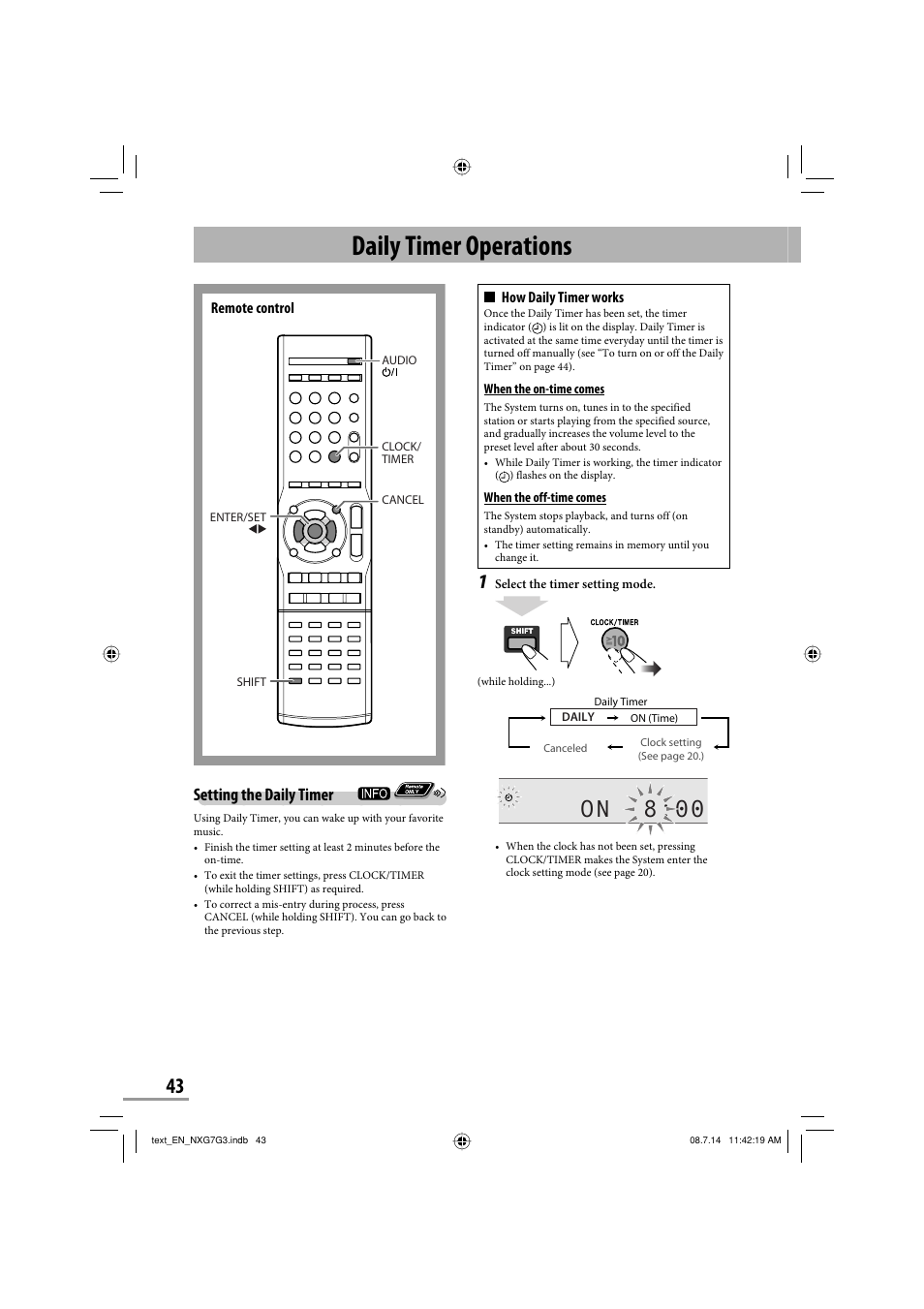 Daily timer operations, On 8:00, Setting the daily timer | JVC CA-NXG9 User Manual | Page 118 / 132