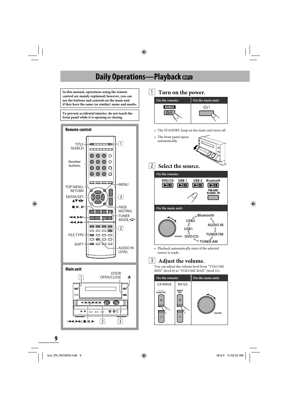 Daily operations—playback, Turn on the power, Select the source | Adjust the volume | JVC CA-NXG9 User Manual | Page 12 / 132