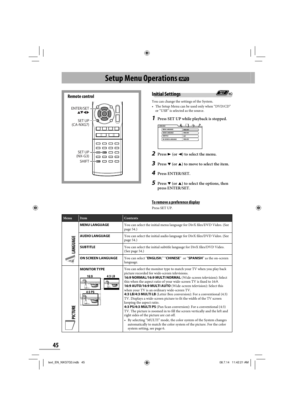 Setup menu operations, Initial settings, Remote control | Language, Picture | JVC CA-NXG9 User Manual | Page 120 / 132