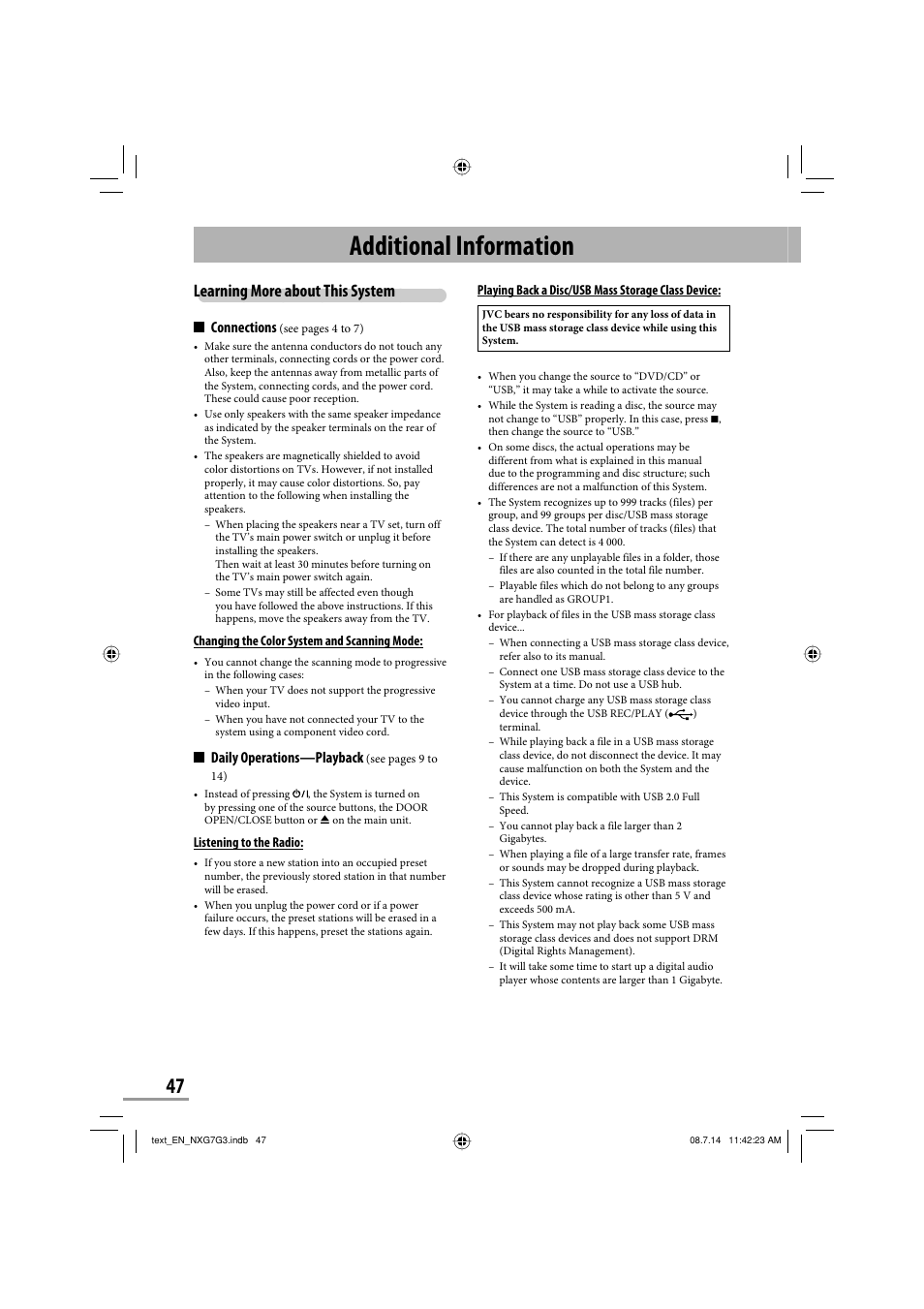 Additional information, Learning more about this system, Connections | Daily operations—playback | JVC CA-NXG9 User Manual | Page 122 / 132