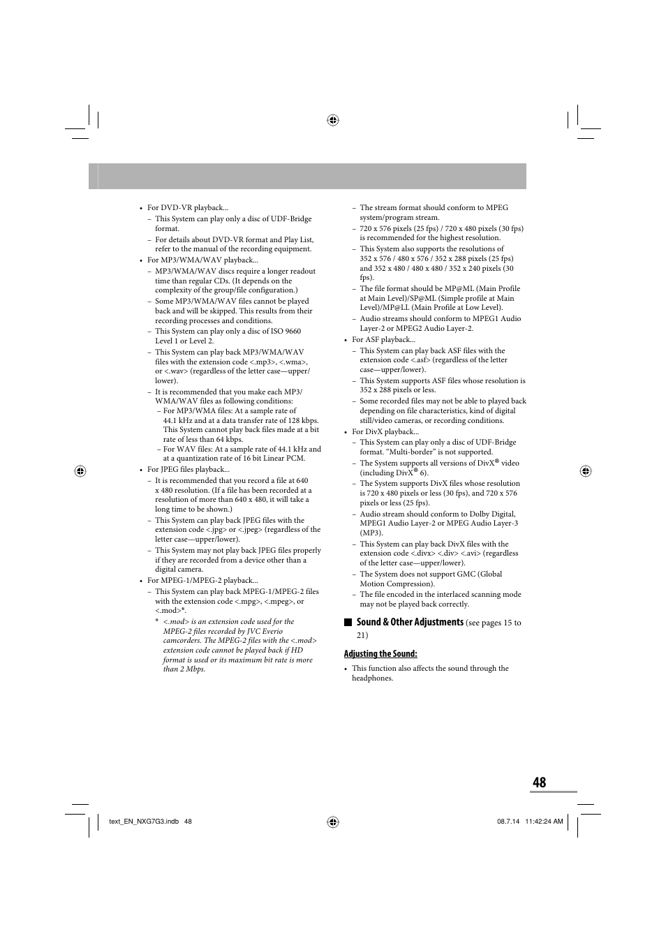 Sound & other adjustments | JVC CA-NXG9 User Manual | Page 123 / 132