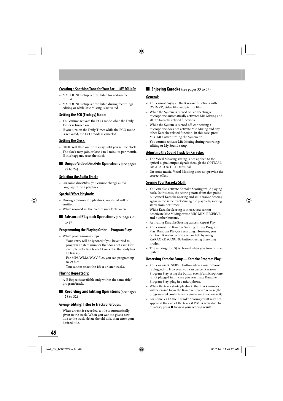 Enjoying karaoke, Unique video disc/file operations, Advanced playback operations | Recording and editing operations | JVC CA-NXG9 User Manual | Page 124 / 132