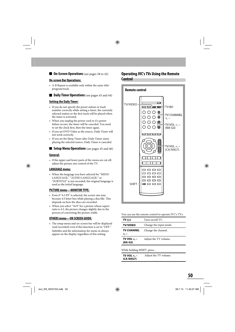 Operating jvc’s tvs using the remote control, Remote control on-screen operations, Daily timer operations | Setup menu operations | JVC CA-NXG9 User Manual | Page 125 / 132