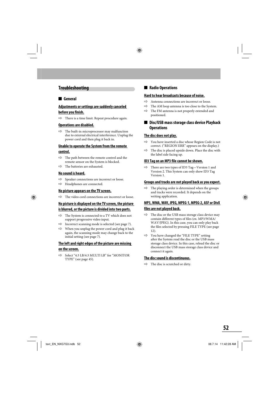 Troubleshooting, Radio operations, General | JVC CA-NXG9 User Manual | Page 127 / 132