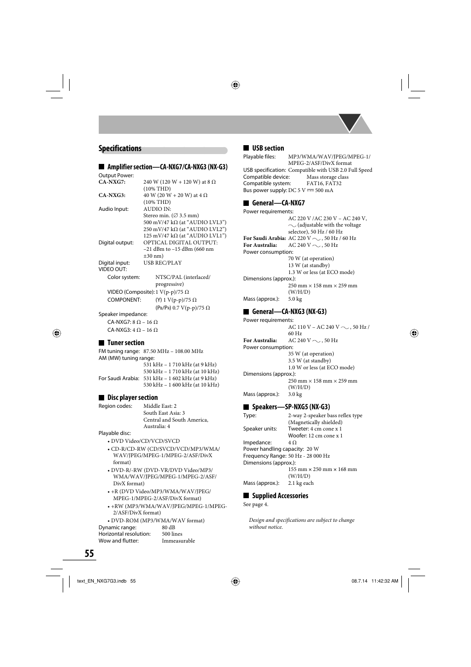 Specifications, General—ca-nxg7, General—ca-nxg3 (nx-g3) | Speakers—sp-nxg5 (nx-g3), Supplied accessories | JVC CA-NXG9 User Manual | Page 130 / 132